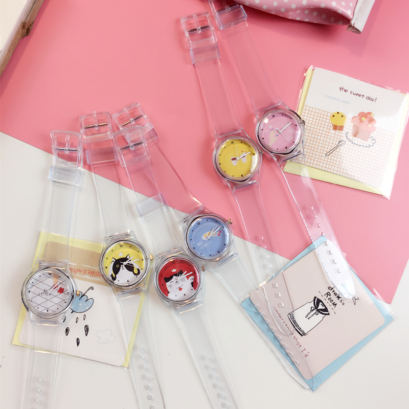 韓國ulzzang可愛卡通手足語透明表帶軟妹糖果色小清新女學生手表